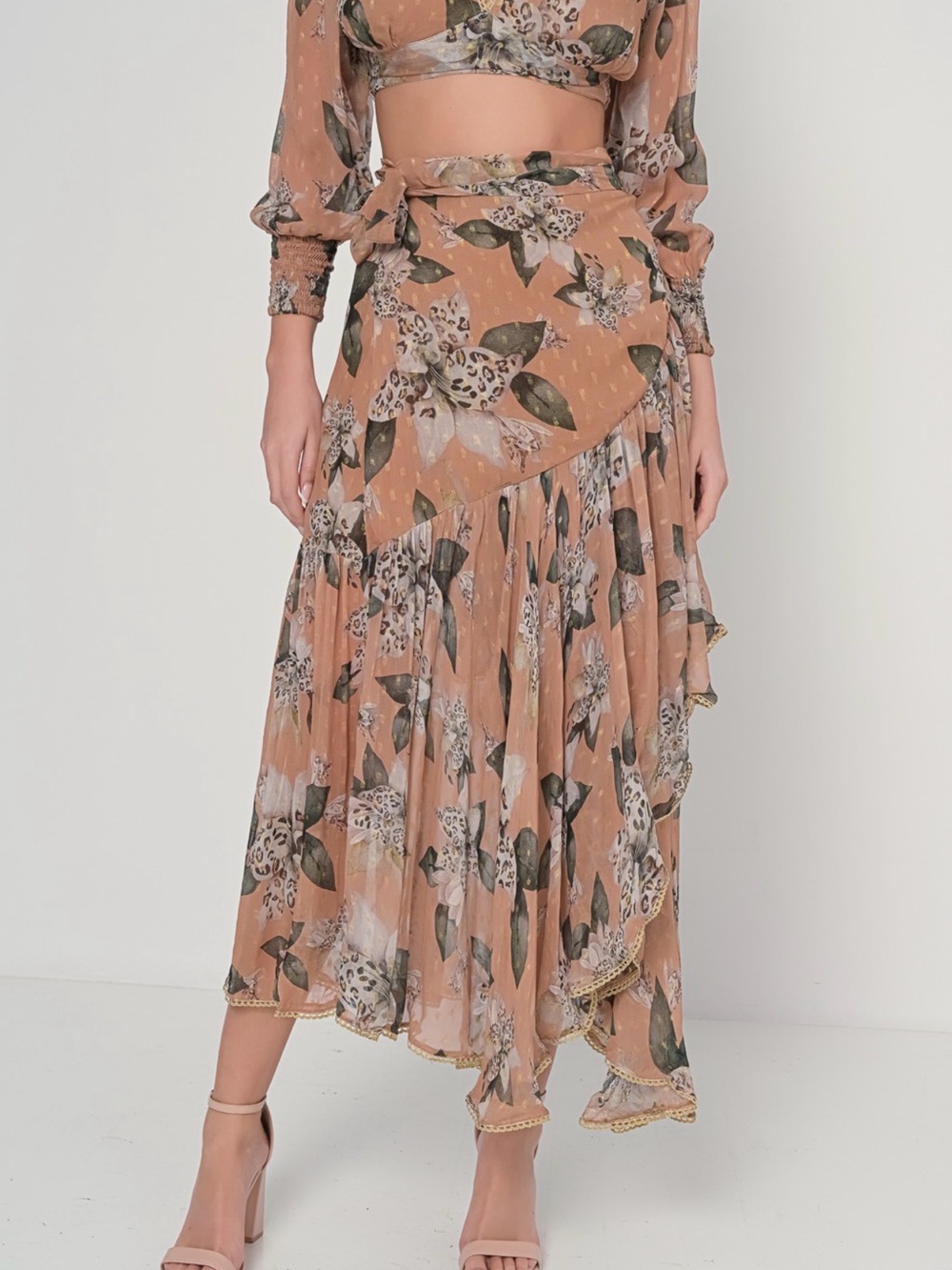 Floral Ruffled Wrap Maxi Skirt - Tan